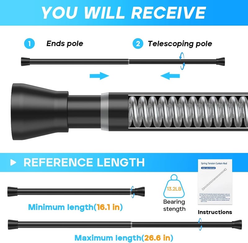 ZipGlo Small Tension Rod 16 to 26 Inch Black Spring Curtain Rod No Drilling Spring Tension Rod 4pack Adjustable Curtain Rod Tension for Bookshelf Diy Projects Kitchen, Cupboard,Tension Rod - Image 3